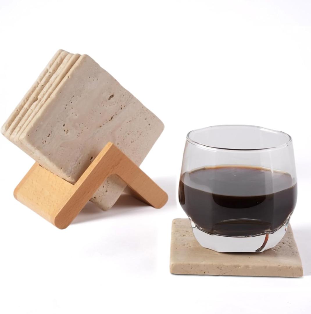 Koville Beige Travertine Coasters Set of 6, Marble Coasters 4 '' for Home Decor Coffee Table, Ideal for Housewarming Gifts, Anniversary, Office Decorations - Protects Countertops - Sturdy and Durable