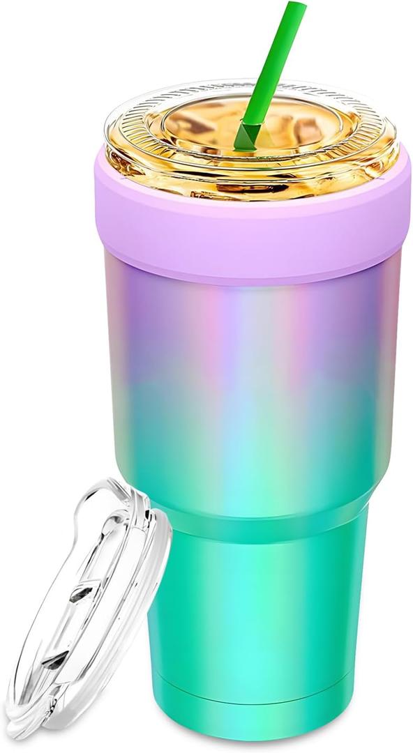 30 Oz Stainless Steel Vacuum Insulated Travel Tumbler Cup with Lid and Straw - Car Beverage Insulated Mug for Cold Drinks and Coffee