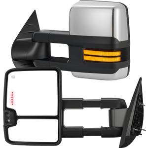 Tow Mirrors Compatible with 2007-2013 Chevy Silverado GMC Sierra, Extended Trailer Towing Side Mirrors with Sequential Switchback Turn Signal, Backup Light, Power Heated Adjustable, Chrome