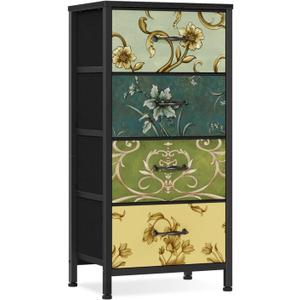 Furnulem 4 Drawer Dresser, Vertical Nightstand for Kids, Adult, Fabric Chest of Drawers for Bedroom, Living Room, Closet, Nusery, Storage Tower Unit Retro Style Furniture, Wood Desk Top