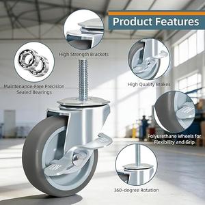 Heavy Duty Caster, Rubber Swivel with Side Brakes,3 Inch Locking Stem Threaded Stem 3/8 Inch, 4PCS