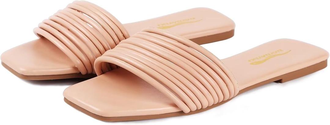 Women's Slide Sandals - Comfy Slip-On Design with Sleek Straps for Casual Elegance - Fashionable and Trendy Summer Flat Slides Shoes for Girls and Women (10, Nude)