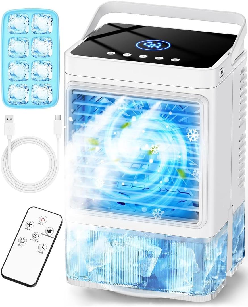 Small Air Conditioner w/ 3 Speeds&3 Modes, Remote, 1100ML Tank Humidifier, 8-Cube Ice Tray, 120 Oscillating, 4 IN 1 Portable Air Conditioners, 7-Color Light, 4H Timer Desk AC Unit for Bedroom, Snowy