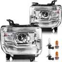 Headlight Assembly Compatible with GMC Sierra 2014-2018 1500 | 2015-2019 2500HD/3500HD Base/Denali/SLE/SLT, Halogen Headlamp Replacement W/O LED DRL, With Bulbs, Chrome Housing White Reflector