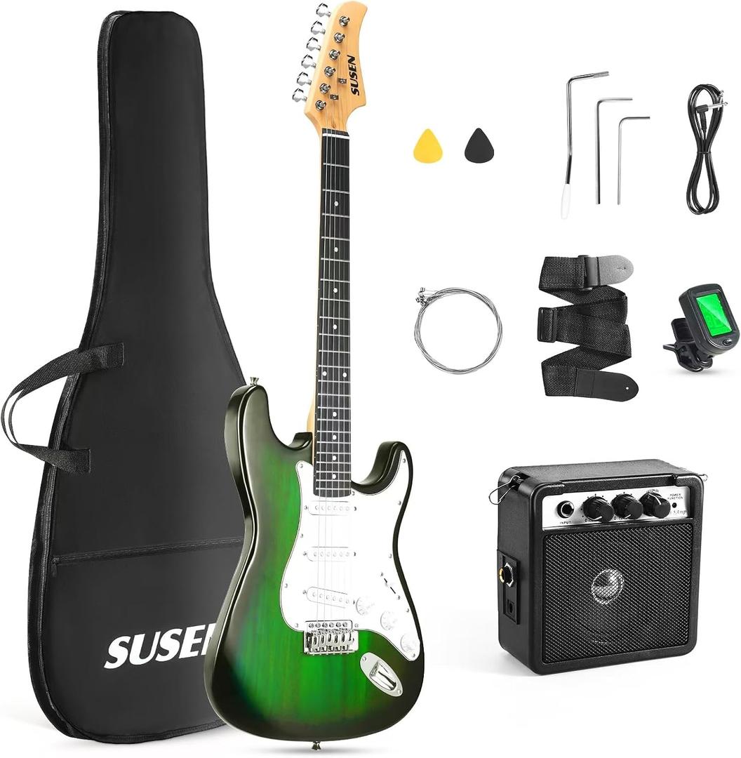 Electric Guitar, 39 Inch Solid Full-size Electric Guitar S-S-S Pickups Starter Kit Includes Amplifier, Bag, Digital Tuner, Strap, String, Cable, Picks，Mini AMP（Green)
