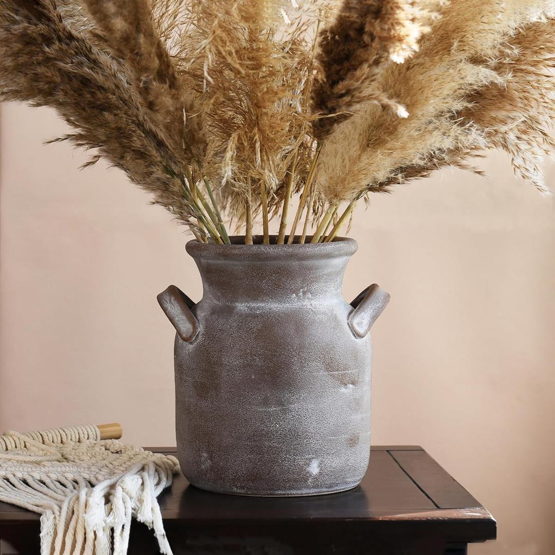 Quoowiit Ceramic Rustic Farmhouse Vase, Distressed Decorative Flower Vases for Home Decor, Ideal Shelf Decor, Brown Boho Vase for Living Room Bedroom Kitchen Office Decor Centerpiece Table Decorations (8 Inch-brown)