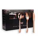 Rose Gold Plastic Silverware, Heavy Duty Plastic Cutlery Set, Disposable Rose Gold Utensils Include 100 Forks, 100 Spoons, 100 Knives, Perfect for Party Decorations