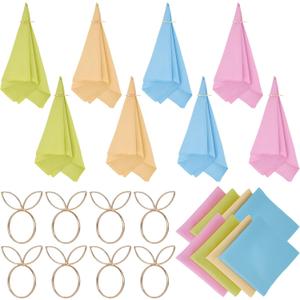 8 Sets Easter Pastel Napkins Cloth with Bunny Napkin Rings Rabbit Napkins Ring Holders with Cocktail Napkin for Spring Wedding Easter Party Table Decor Supplies