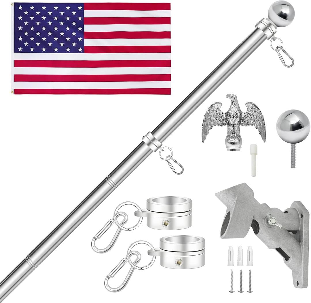 6FT Flag Pole Kit, 1 1/4 Inch (1.25) Large Diameter Stainless Steel Flag Pole for Outside House, Outdoor Flagpole with Holder, Embroidered US Flag (Silver)