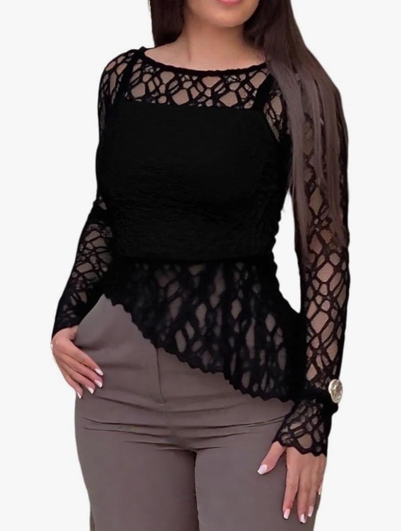CHICME Womens Long Sleeve Mesh Top Round Neck Lace Floral See Through Blouses Casual Asymmetrical Shirt, Without Tank, L