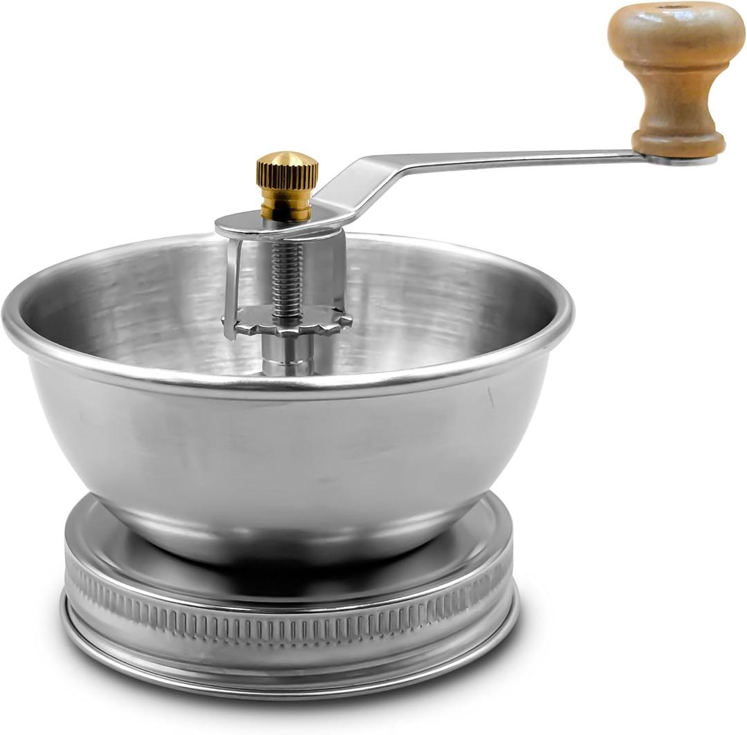 Stainless Steel Coffee Grinder Lid Attachment for Regular Mouth Mason Jars - Manual Crank Burr Grinder for Fresh Coffee, Ideal for Camping, Home Barista, Rust Proof Ceramic Mechanism (Wide)