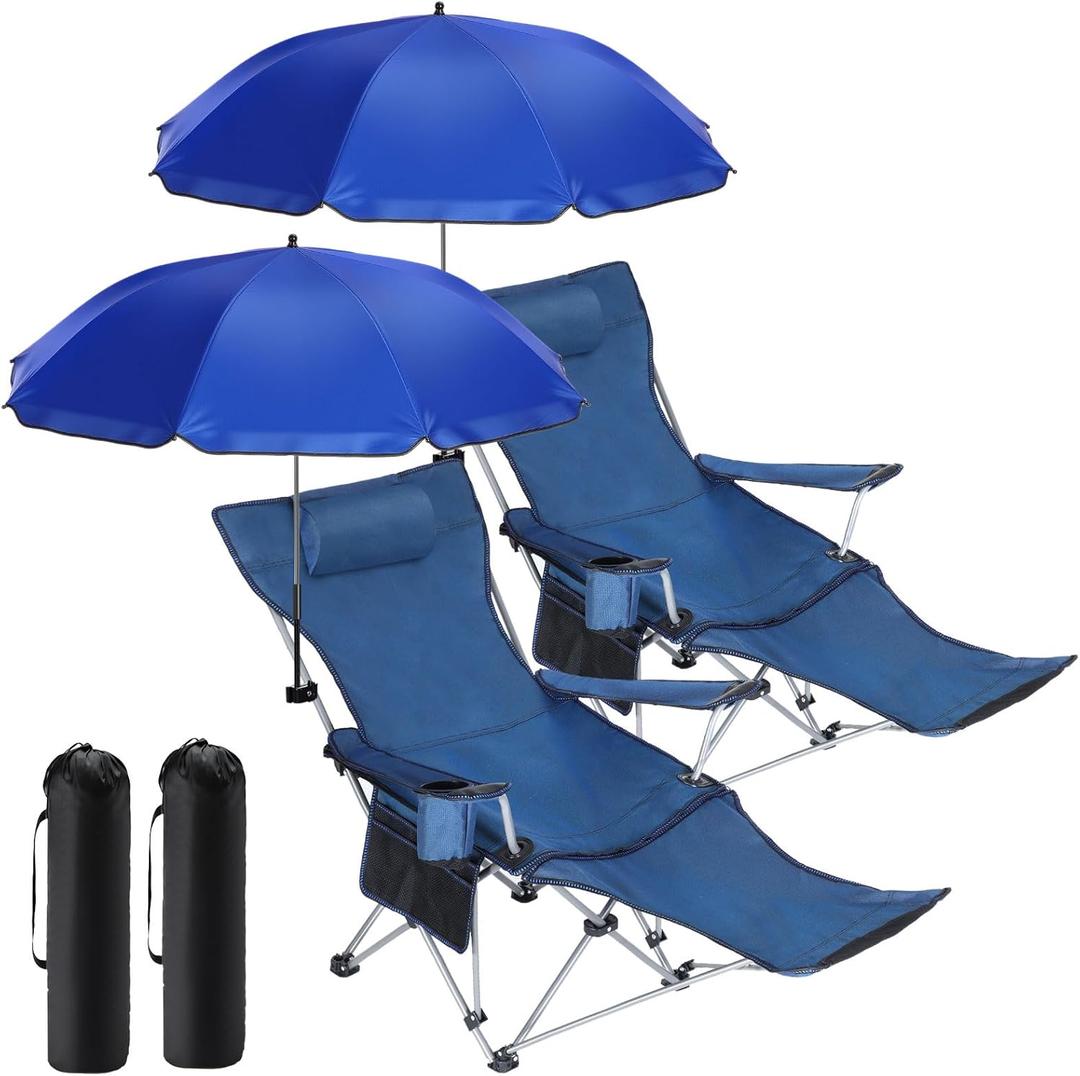 Karenhi 2 Set Reclining Beach Chair with Umbrella for Adult Folding Camping Chair with Foot Rest Adjustable Clamp Canopy Shade for Outdoor Patio Travel Beach Fishing Picnic(Blue)