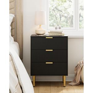 Nightstand with 3 Drawers,Fluted Bedside Table with Gold Frame,25.7" H Black Night Stand,Mid Century Modern Side Accent Table for Bedroom,Living Room