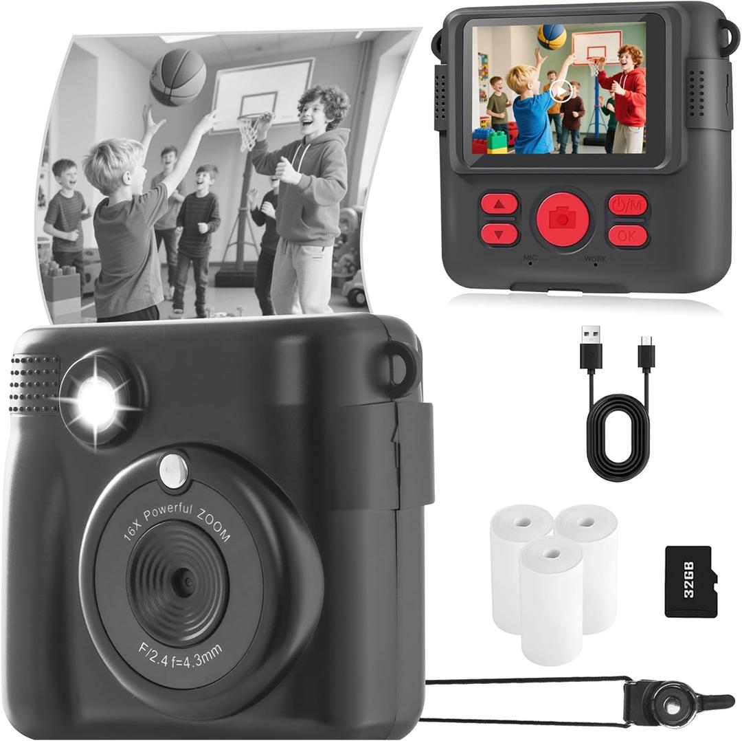 Kids Camera Instant Print, Safe Toddler Camera, 2.4 Inch Screen, 1080P with 16X Zoom, 32GB TF Card for 4 5 6 7 8 9 10 Year Old Girl & Boy Birthday Gifts, Black