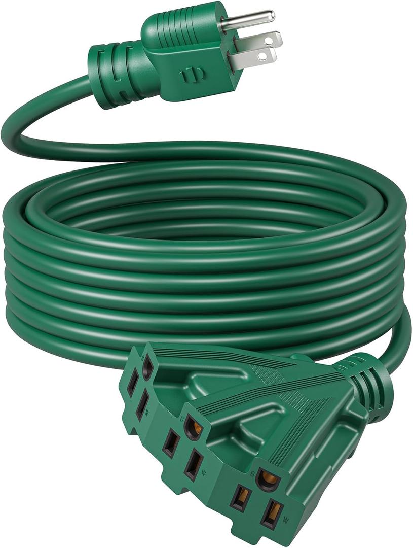 DEWENWILS 25 FT Green Outdoor Tri-Tap Extension Cord Splitter,Halloween Weatherproof 16/3 SJTW Power Cable for Outdoor String Light, Holiday Decoration and Landscaping Lights, ETL Listed, Pack of 1
