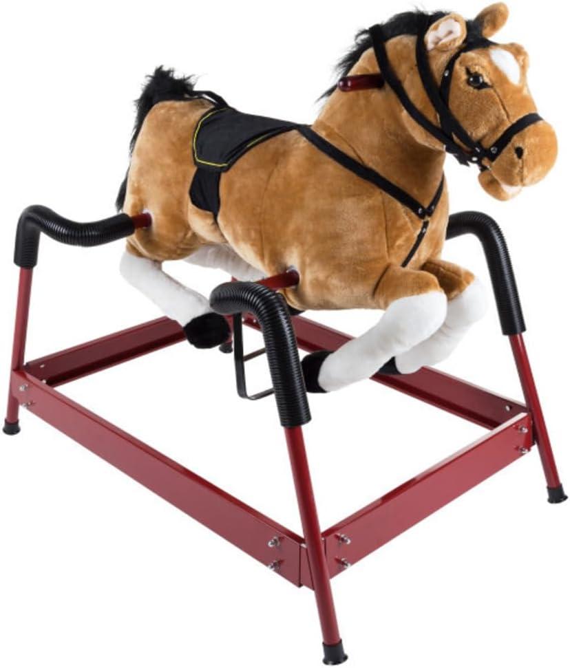 Spring Rocking Horse - Plush Bouncy Ride-On Toy with Fun Sounds, Wood Handles, and Adjustable Stirrups for Kids Ages 3 to 6 by Happy Trails (Brown), 29 inches x 11 inches x 25 inches