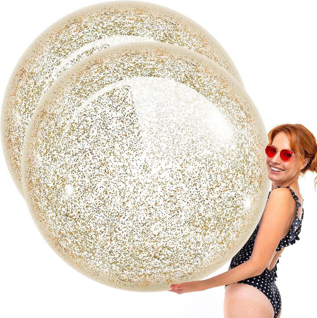 Junkin 2 Pcs 48'' Giant Sequins Beach Ball Inflatable Glitter Confetti Clear Large Jumbo Balls Water Beach Toys for Outdoor Summer Swimming Pool Party Favors (Gold)