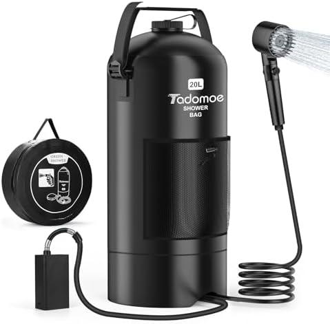 Tadomoe Portable Shower for Camping, 5 Gal/20 L Solar Heating Camping Shower Bag with Shower Pump, Portable Shower Head, Essential for Camping,Festivals, Overlanding, Beach Trips,Outdoor Showers