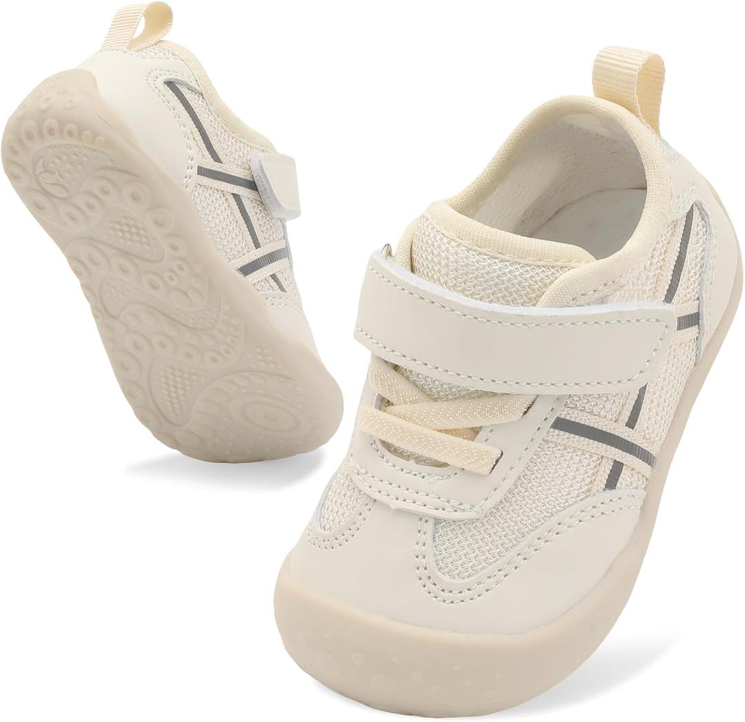 Scurtain Baby Shoes Boy Girl First Walking Shoe Infant Crib Breathable Sneakers Lightweight Barefoot Shoes for Babies (12-18 Months Infant, Beige)