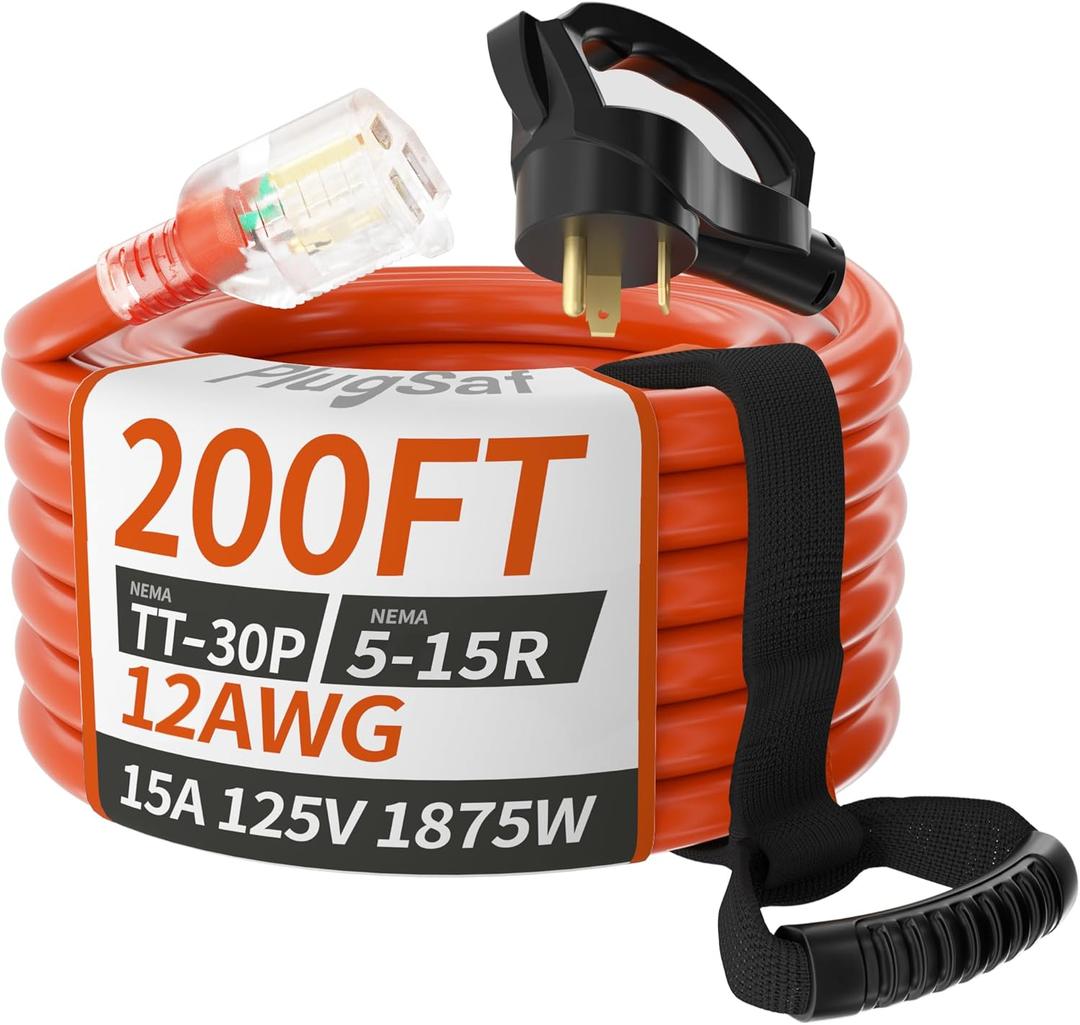 RV 30 Amp to 110 Adapter Extension Cord 200 FT, NEMA TT-30P to NEMA 5-15R Heavy Duty Outdoor RV Electrical Adapter with Grip Handle, 12AWG 15Amp 125V 1875W, Black-Orange, ETL Listed (200FT)