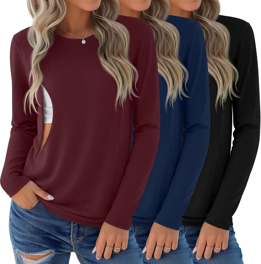 3 Pack Nursing Tops for Breastfeeding Maternity Shirts Zipper Long Sleeve Round Neck Knit Casual Nursing Clothes (X-Large, Red, Dark Blue, Black)