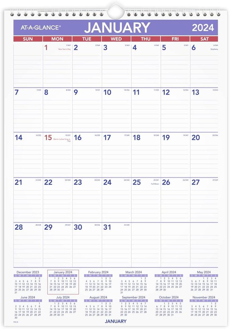 AT-A-GLANCE 2024 Wall Calendar, 12" x 17", Medium Tall, Spiral Bound, Monthly (PM22824)