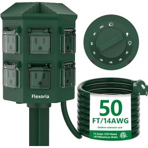 Outdoor Power Strip Timer Waterproof, Dusk to Dawn Light Sensor Countdown, 50 Feet Extension Cord, 6 Grounded Outlets for Halloween and Christmas Decorations, ETL Listed