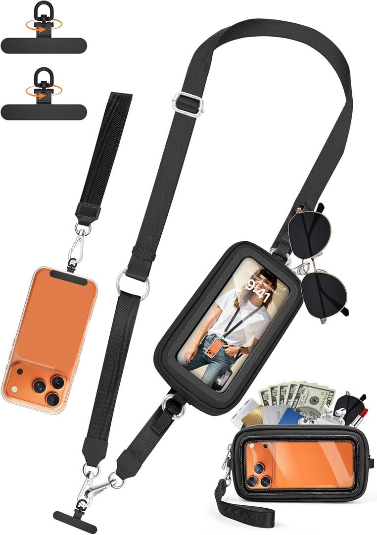 takyu Clip and Go Strap for Phone with Wallet Crossbody, 4-in-1 Adjustable Phone Lanyard with Detachable RFID Wallet with ID Window, Cross Body Strap for Women Travel, Black