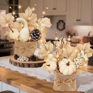 [Light & Timer] Fall Decor 2 Pack Fall Table Centerpieces with 20 LED Tabletop Maple Tree Pumpkin Pinecone Berry Branch Arrangement, Fall Decorations for Home Kitchen Halloween Thanksgiving