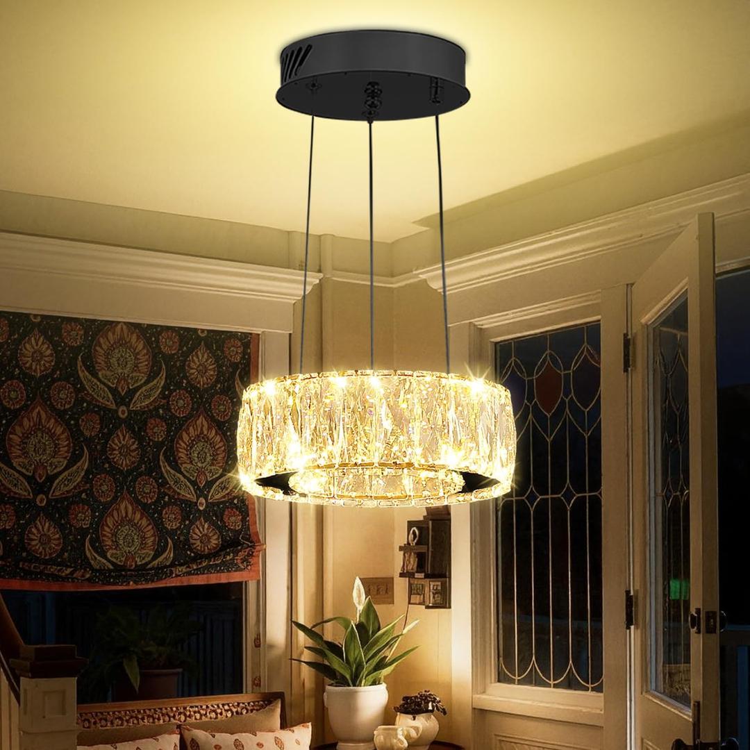 Modern LED Dimmable Crystal Chandelier 8" Ring Black Pendant Light Fixtures for Kitchen Island Dining Room Living Room