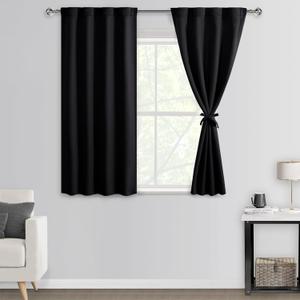 DWCN Short Back Tab & Rod Pocket Blackout Curtains - Tieable Thermal Insulated Energy Saving Bedroom and Kitchen Curtains Window Treatments, W 38 x L 45 Inch, Set of 2, Black