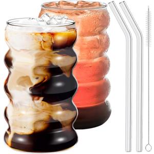 2 Pcs Drinking Glasses with Glass Straws, 20oz Iced Coffee, Milk Tea, Fruit Smoothie Glasses - Ideal for Water, Soda, Tea - Gift Set with Cleaning Brush