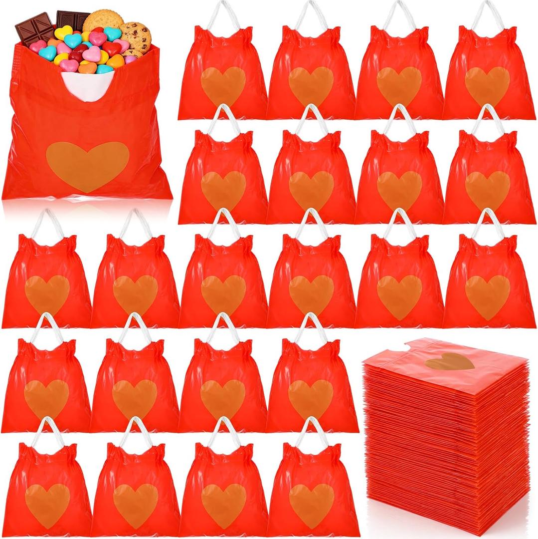 ForraFun 120 Pcs Valentines Goodie Bags Bulk Heart Drawstring Treat Candy Gift Bags with Handles Plastic Small Snacks Cookies Party Favors Pouch for Valentines Exchange Gift Holiday Birthday Supplies