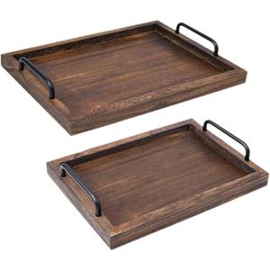 2 Rustic Serving Trays, Elegant Food Serving Boards, Multipurpose Vintage Trays, Wooden Board for Food, Tea, Coffee, Breakfast, black brown