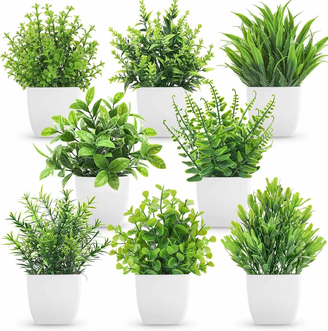 Der Rose 8 Pack Fake Plants Small Artificial Faux Potted Plants for Home Office Farmhouse Bathroom Bedroom Decor Indoor (Green)