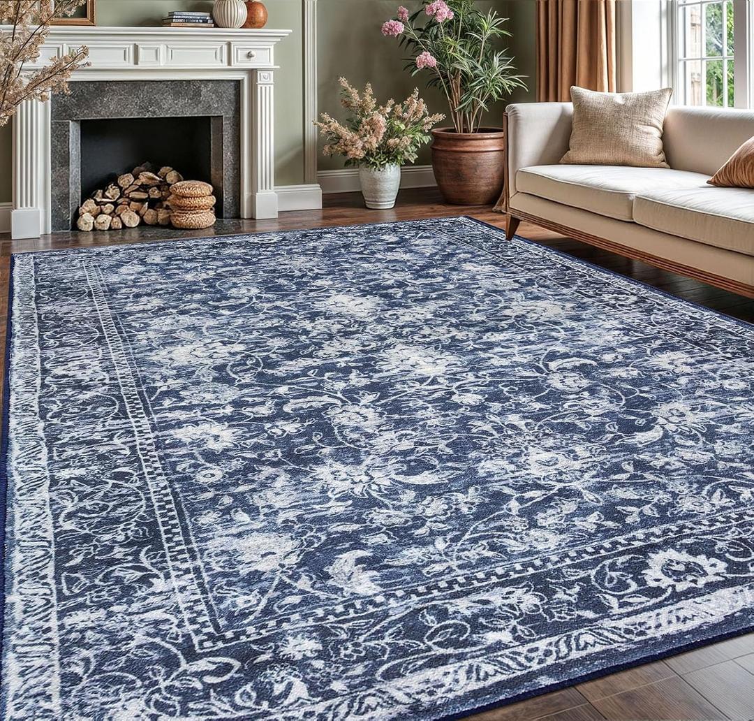 KILOCOCO Area Rug 9x12 Living Room Rug Washable Printed Vintage Floral Non Slip Soft Rubber Backed Indoor Bedroom Rugs for Laundry Room Kitchen Playroom Moroccan Area Rugs, Blue (Blue/Navy/White)