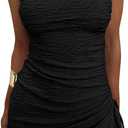 GOKATOSAU Women's Floral Strapless Fold Over Neckline Split Drawstring Bodycon Ruched Mini Dress Black L