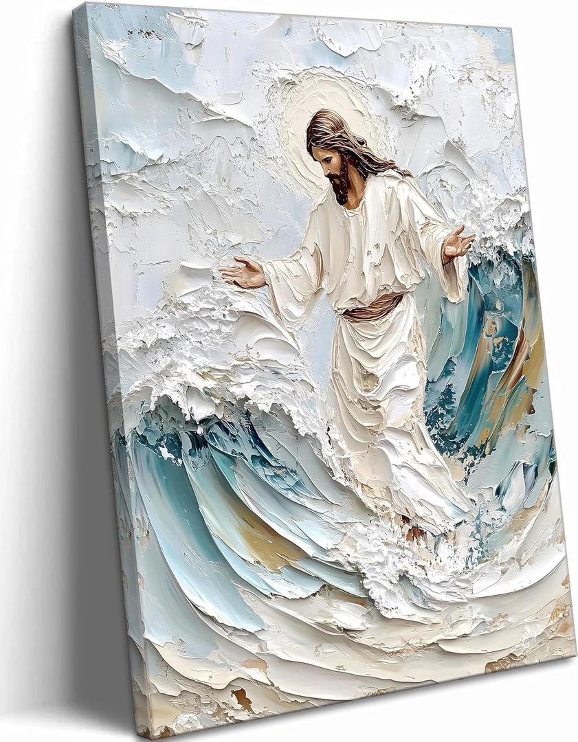 Abstract Jesus Walking On Water Canvas Wall Art Modern Religious Oil Painting Wall Decor Christian Gift Bible Verses Picture Print for Bedroom Living Room Modern Christian Poster Decoration Frame