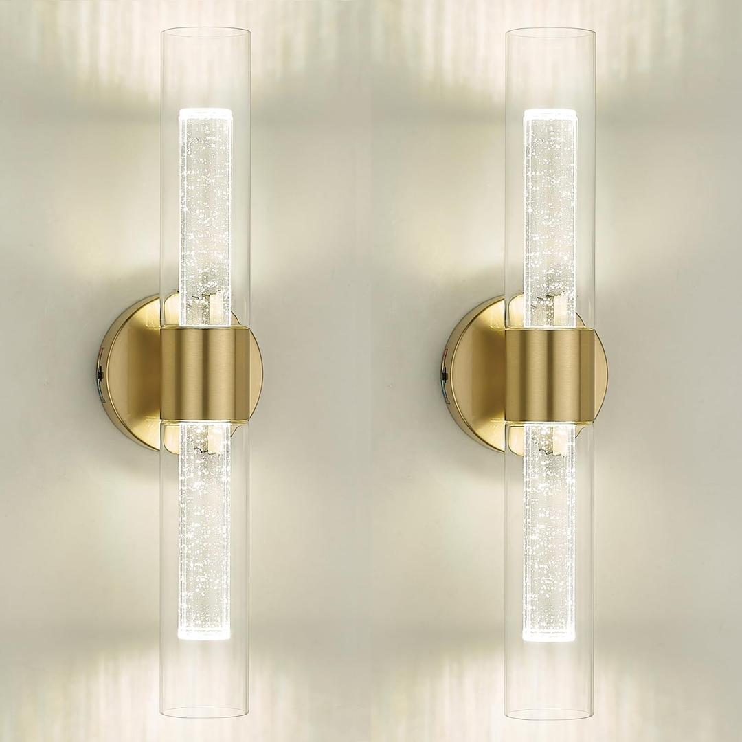 kudos Gold Bathroom Light Fixtures,2 Pack Modern Sconces Wall Lighting with Crystal Bubble and Clear Glass, 3000K/4500K/6000K Adjustable, KDVL05-GD-2-2PK
