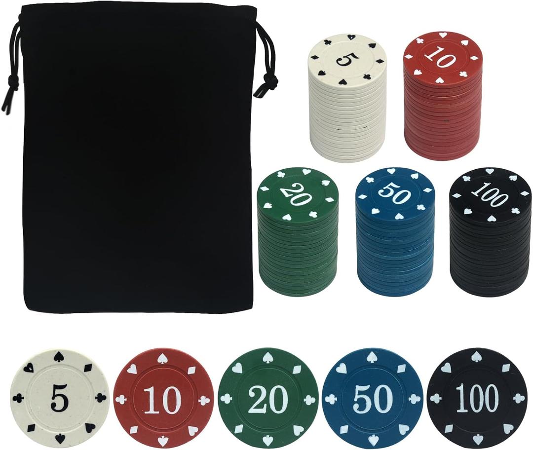 100PCS Poker Chip Set with Portable Storage Bag Professional Grade Casino Style 5 Colours for Texas Holdem Blackjack Poker Night Party (Large Denomination)