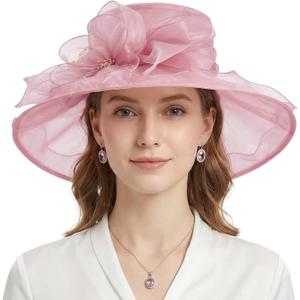 AQOKKA Women Organza Church Fascinators Kentucky Derby Hats for Women and Girls Wedding Flower Tea Party Hat with Wide Brim (Pink)
