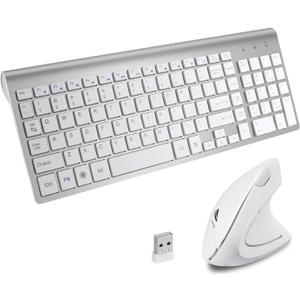 2.4GHz Wireless Vertical Ergonomic Mouse and Keyboard Combo Ultra-Thin Portable Size for PC Desktop Computer Laptop Mac Tablet (White)