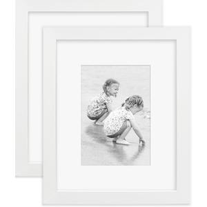 8x10 Wooden Picture Frame Set of 2, Holds 5x7 Photos with Mat or 8x10 without Mat, Real HD Glass for Tabletop or Wall Mount, Picture Frames Collage Wall Dcor, White