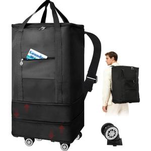Coomee Laundry Bag Backpack with Wheels, 900D Oxford Fabric Foldable Rolling Travel Laundry Bags with Detachable Wheels & Straps, Waterproof for Laundromat, College Dorm, Apartment, Travel, Camping