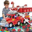 2 in 1 Fire Trucks for Toddlers 3-5, Carrier Vehicles Toy with 8 Cars, Transport Race Tracks with Light and Sound, Educational Birthday Gifts for Kids Boys Girls Ages 3 4 5 6