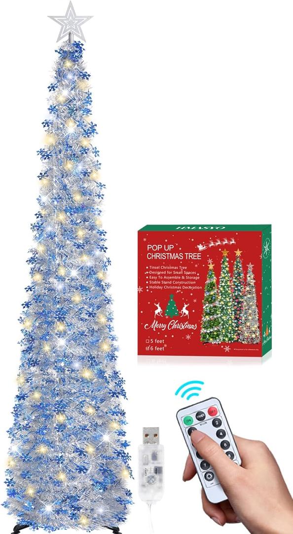 HMASYO 6 FT Pop Up Tinsel Christmas Tree with 100 LED Timer Lights & Remote, Collapsible Artificial Pencil Tree with Blue Snowflake Ornaments Xmas Decoration for Home, Office, Party, USB Powered