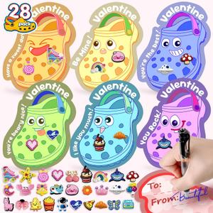 Valentine's Day Cards for Kids School - 56 Shoe Charms Bulk & 28 PCS Shoe Cards for Gift Exchange, Valentines Day Gifts for Kids Classroom, Party Favors & Non-Candy Prizes for Boys and Girls, 3 Age +
