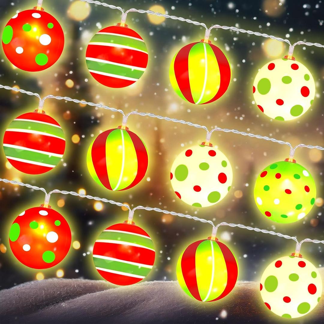 Glooglitter 10 ft 20 LED Christmas Globe String Lights Battery Operated String Lights Green Decorations for Christmas Tree Holiday Party Decoration