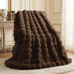 L'AGRATY Faux Rabbit Fur Blanket: 50" x 60" Luxury Soft Fluffy Thick Fur Throw Blanket for Couch Bed Sofa - Cozy Plush Bubble Blankets for Winter: Warm Flannel Fleece Decorative Blanket(Cocoa Brown)