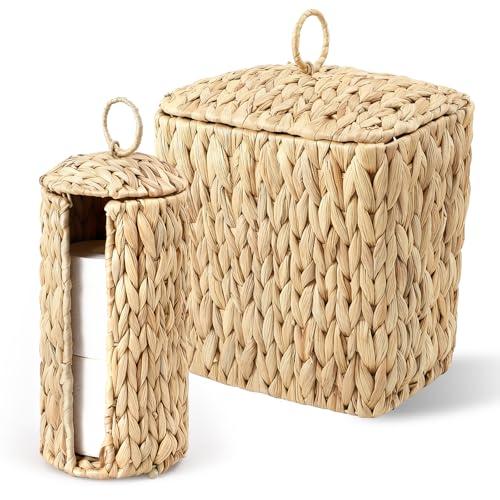 Wicker Waste Basket and Toilet Paper Holder, 2.5 Gal Handwoven Water Hyacinth Trash Can with Lid Garbage Bin, Toilet Paper Storage, Woven Rustic Decorative for Bedroom, Bathroom, Office, Living Room